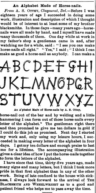 Nov 1897 Blacksmith and Wheelwright Nail Alphabet
